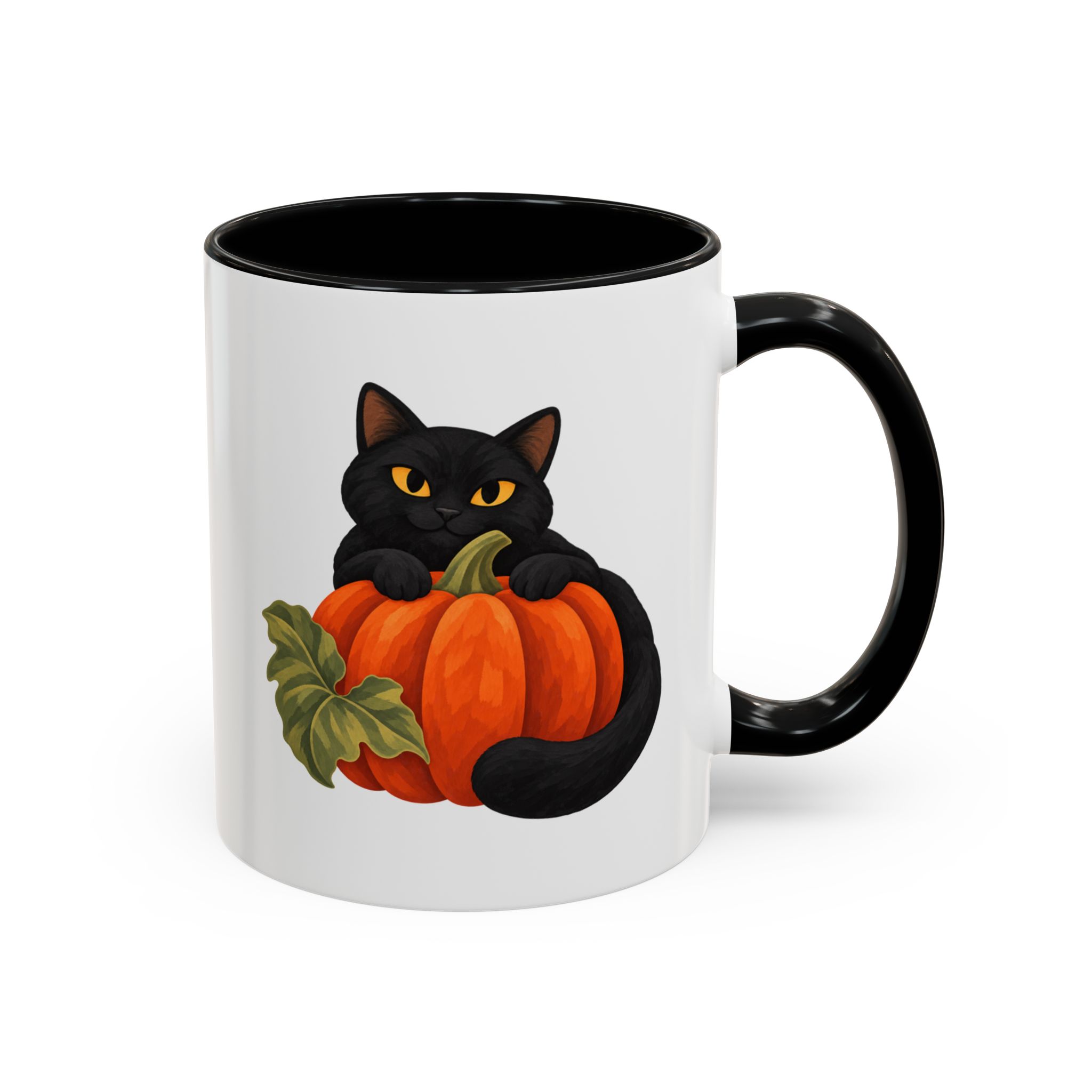White 11 oz accent mug with a black handle on the right and a black interior, featuring a black cat hugging an orange pumpkin.