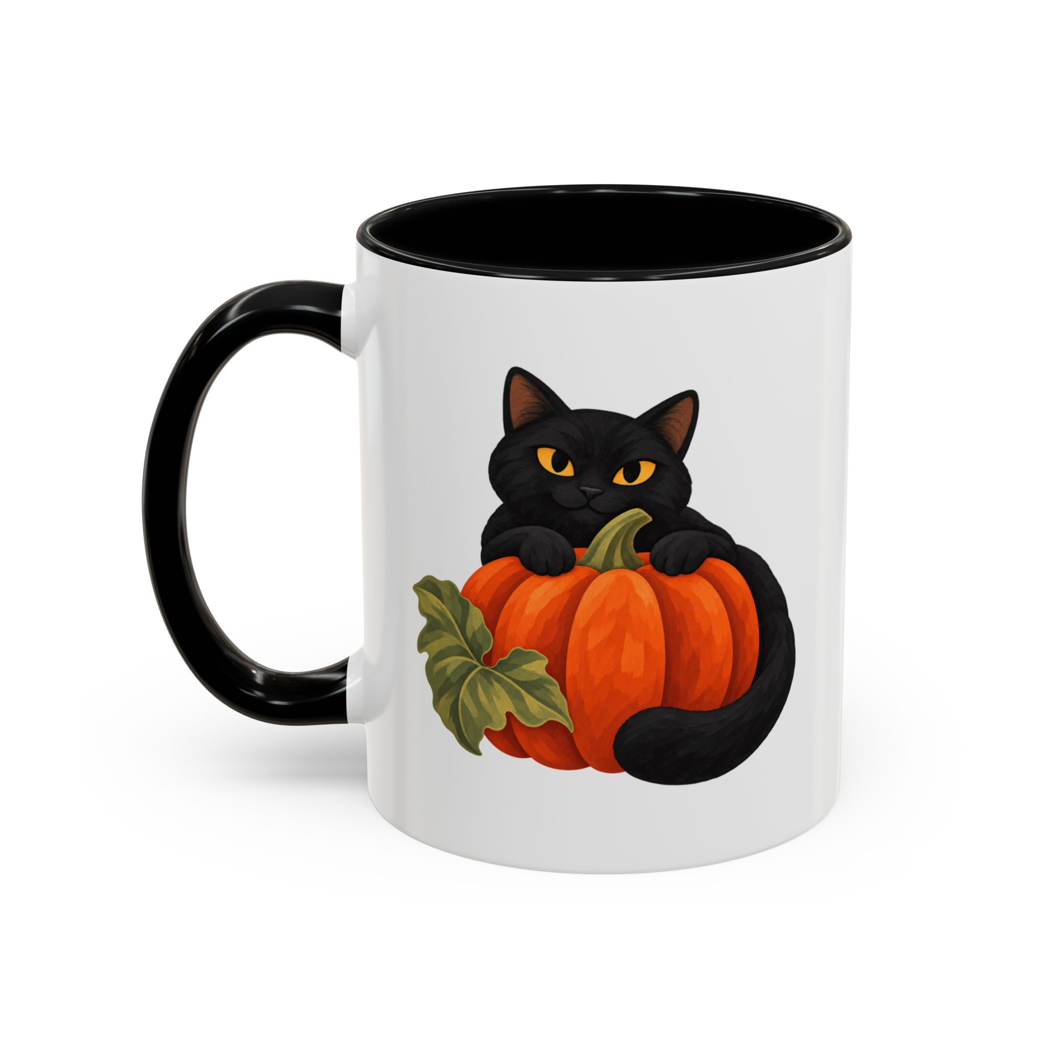 White 11 oz accent mug with a black handle on the left and a black interior, featuring a black cat hugging an orange pumpkin.
