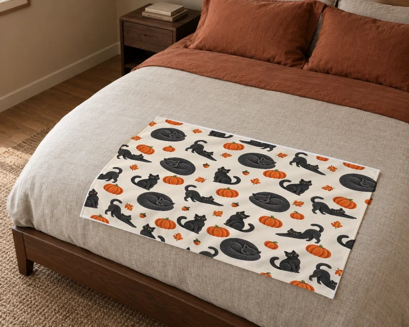 Pumpkin Patch Cats blanket spread across a bed, showing the same cream, black cat, and terracotta pumpkin pattern.
