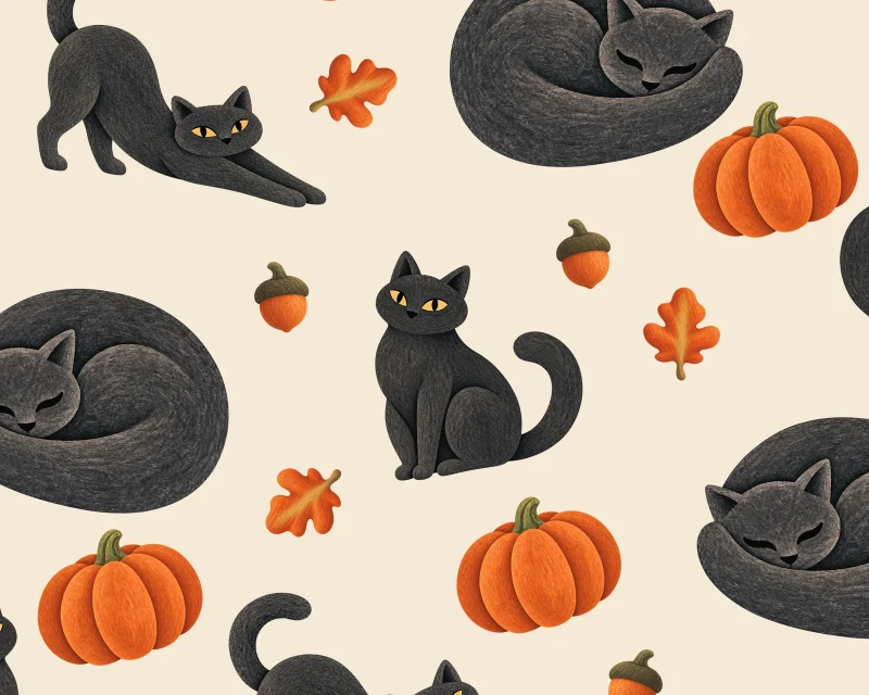 Close-up of the Pumpkin Patch Cats artwork, showing painted black cats, orange pumpkins, oak leaves and acorns on a cream background.