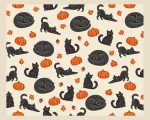 Full flat view of the fixed Pumpkin Patch Cats design, with sitting, stretching, and sleeping black cats among orange pumpkins.