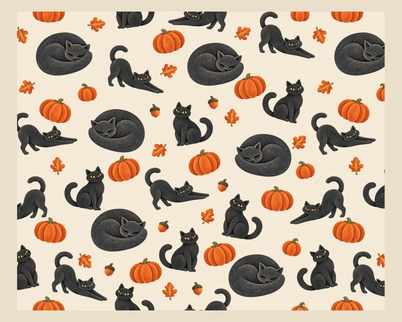 Full flat view of the fixed Pumpkin Patch Cats design, with sitting, stretching, and sleeping black cats among orange pumpkins.