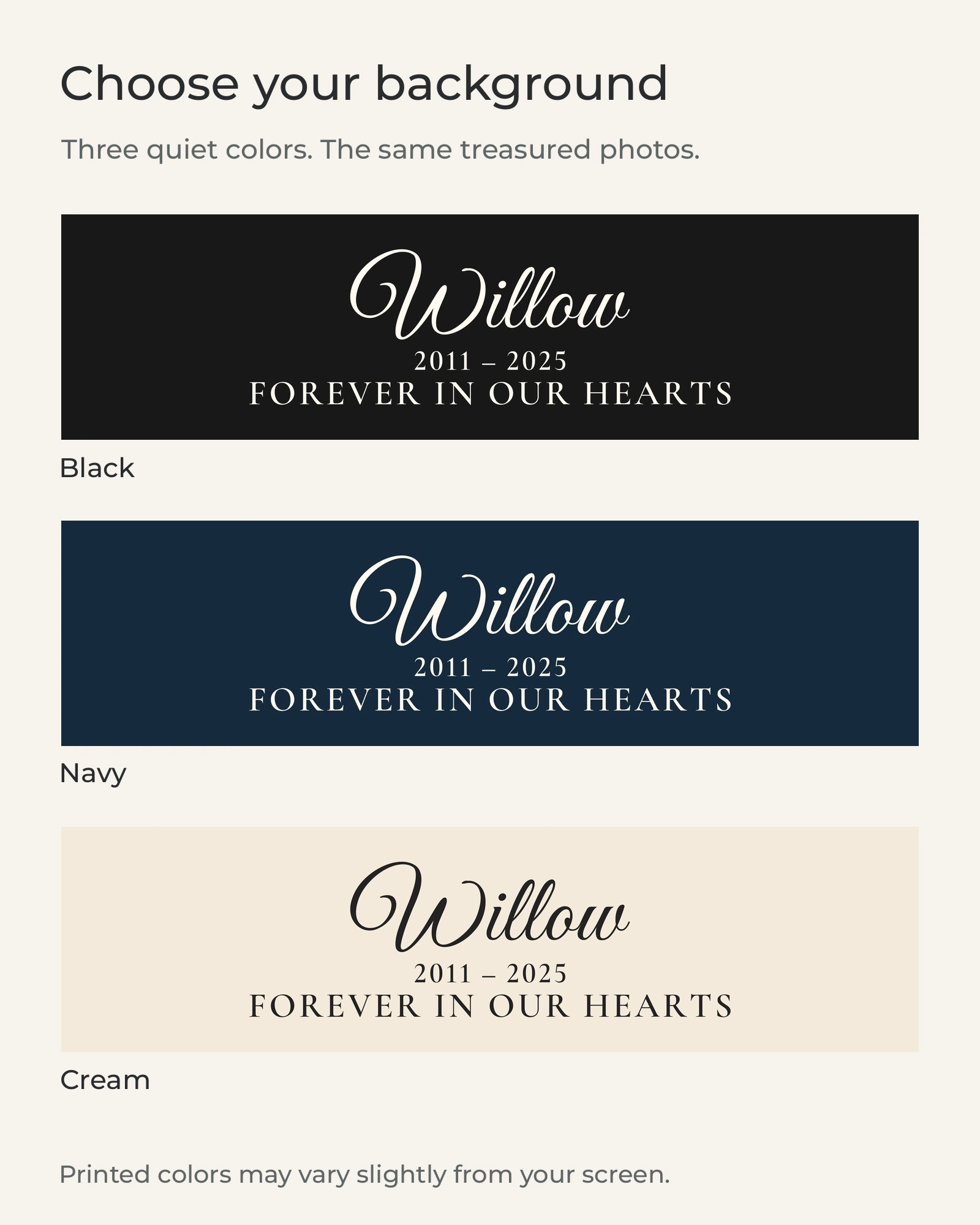 Black, Navy and Cream bands, each showing Willow’s large name, years and remembrance wording in contrasting type.