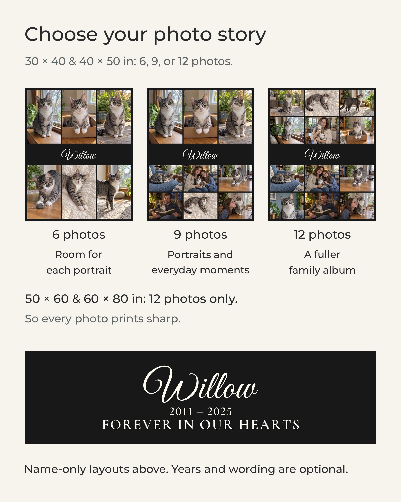 Photo layouts with silver-and-white tabby Willow: 6, 9, or 12 photos for 30 × 40 and 40 × 50 inches; 12 for larger sizes, with optional years and wording.