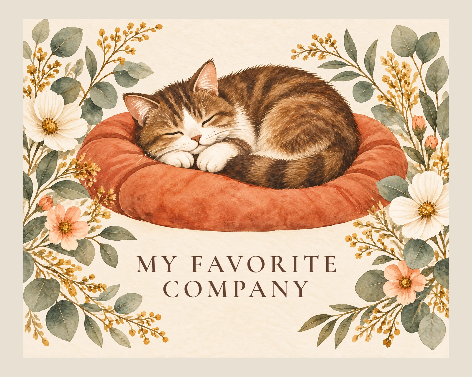 Flat view of a cream blanket with a sleeping brown-and-white tabby in watercolor and My Favorite Company.