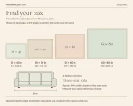 Blanket size guide: 30 by 40, 40 by 50, 50 by 60, and 60 by 80 inches, shown in landscape with rounded centimeter equivalents and an approximately 84-inch-wide three-seat sofa, all drawn to the same scale.