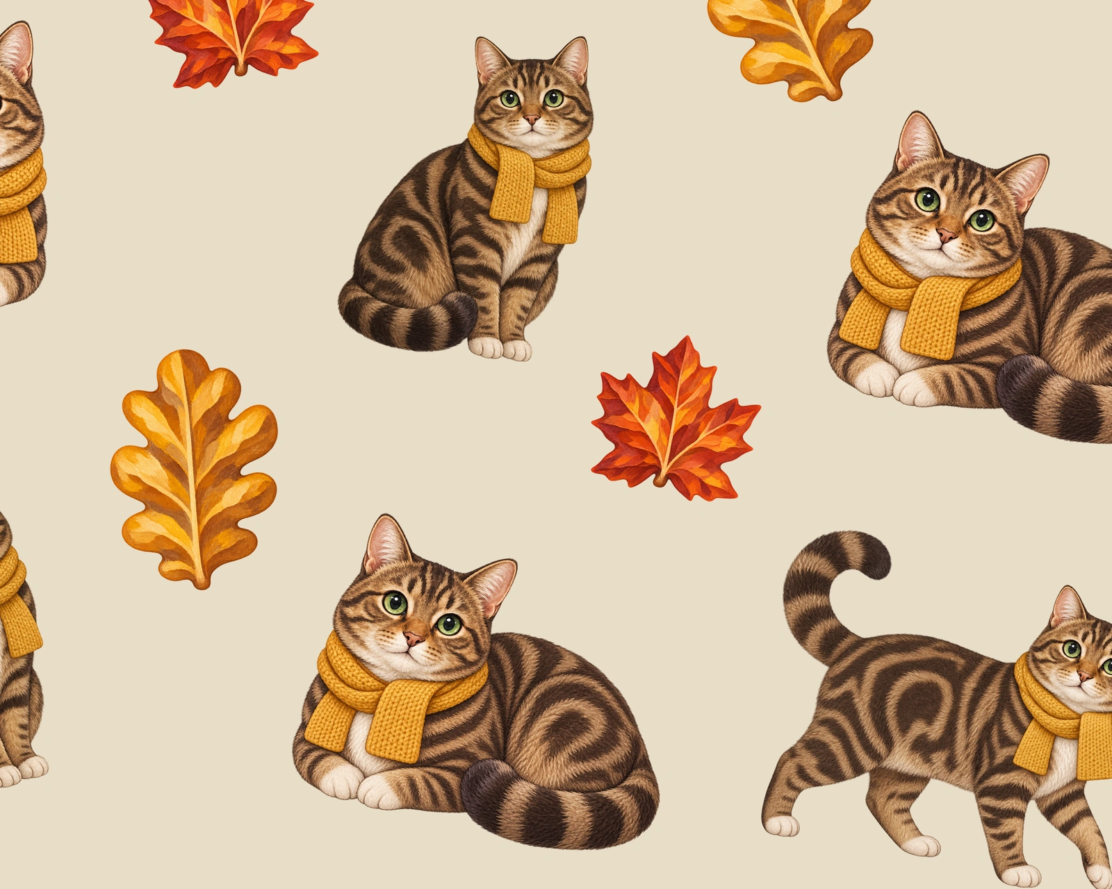 Close-up of the Autumn Cat Naps artwork, showing the painted details of brown tabby cats wearing mustard-gold scarves among copper maple leaves and golden oak leaves on warm oatmeal.