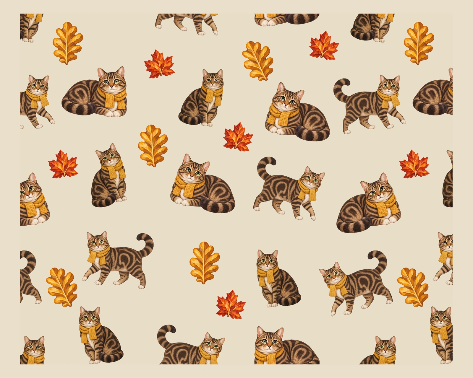 Full flat view of the Autumn Cat Naps blanket design, with brown tabby cats wearing mustard-gold scarves among copper maple leaves and golden oak leaves on warm oatmeal.