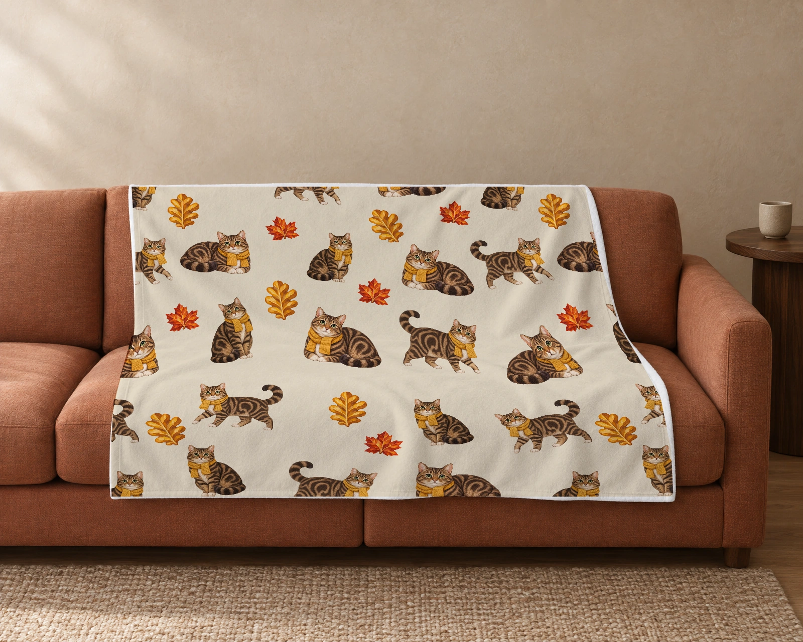 Autumn Cat Naps blanket on a rust-colored sofa, featuring brown tabby cats wearing mustard-gold scarves among copper maple leaves and golden oak leaves on warm oatmeal.