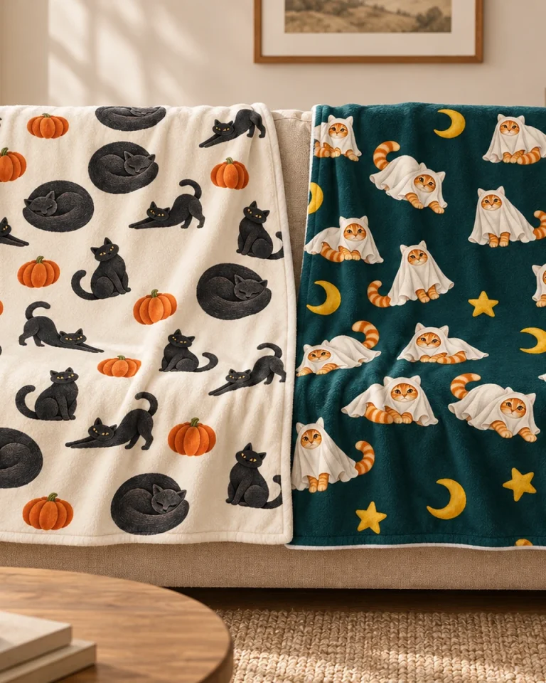 Pumpkin Patch Cats and Moonlit Mischief blankets draped side by side on a cream sofa.