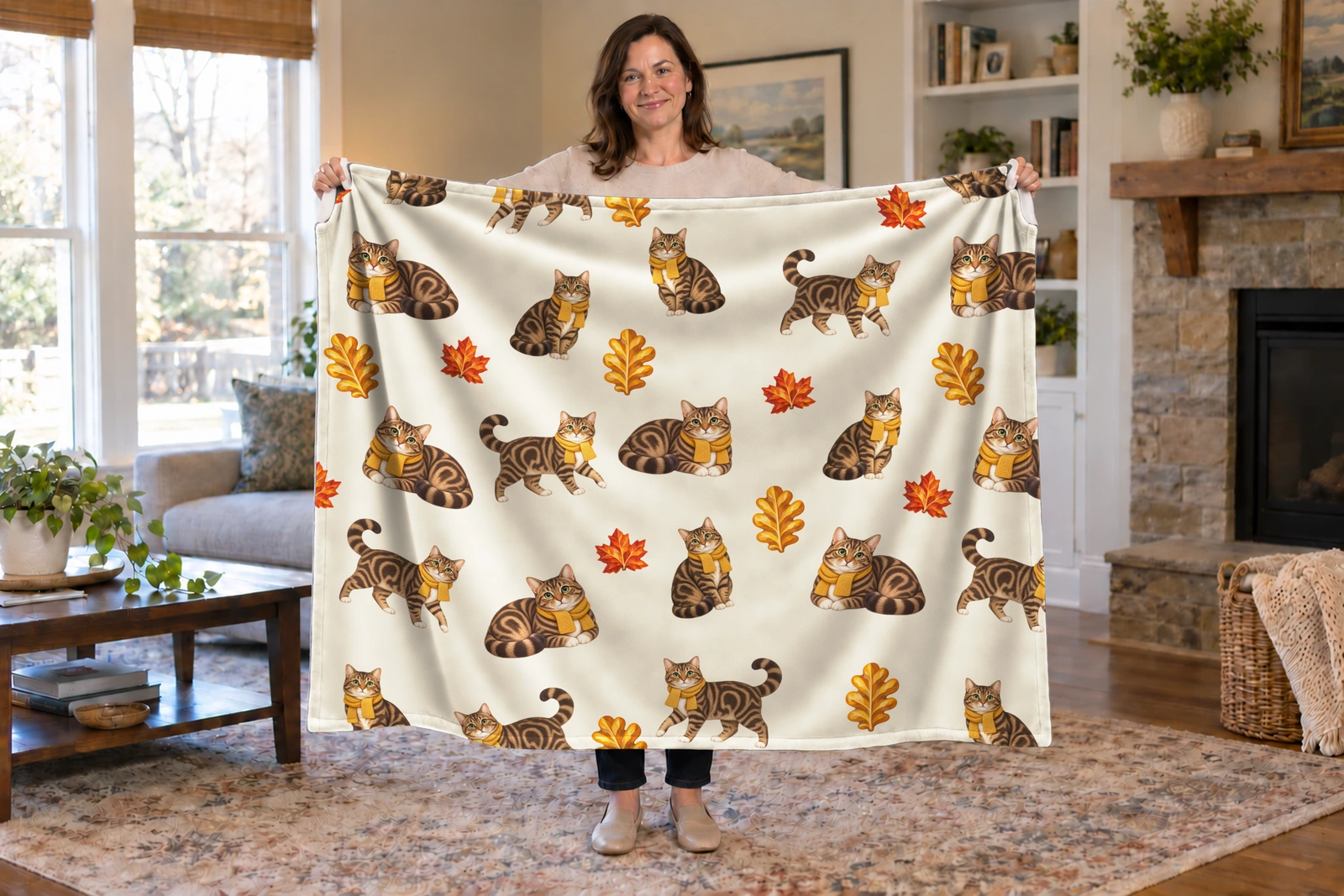Woman holding an open Autumn Cat Naps blanket with tabby cats in mustard scarves and autumn leaves.