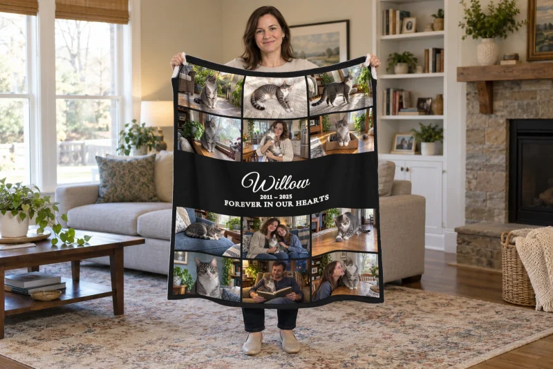Woman holding Willow’s black memorial collage blanket, with twelve photographs of the silver-and-white tabby, his name, years, and remembrance wording.