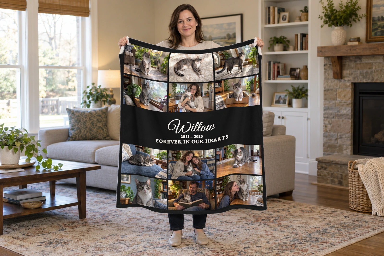 Woman holding Willow’s black memorial collage blanket, with twelve photographs of the silver-and-white tabby, his name, years, and remembrance wording.