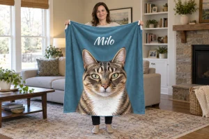 Person holding an Ocean blue blanket with Milo’s name above a large painted portrait of the brown-and-white tabby.