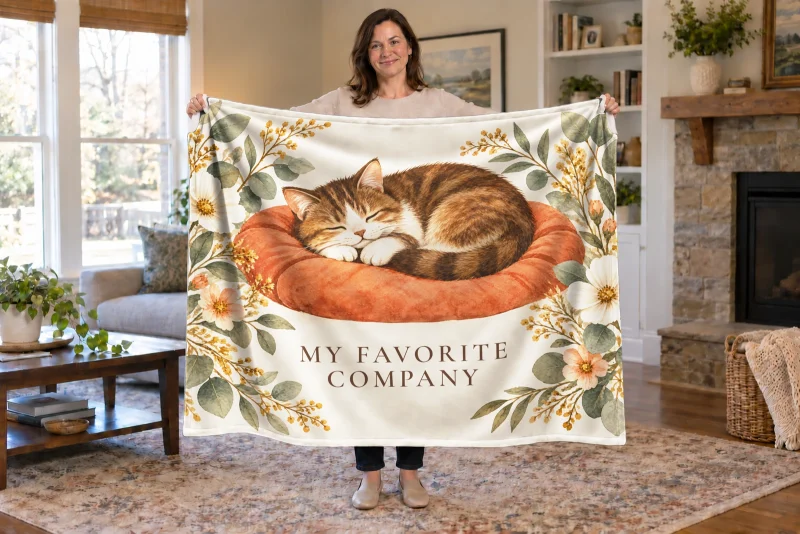 Person holding a cream blanket with a sleeping brown-and-white tabby in watercolor and My Favorite Company.