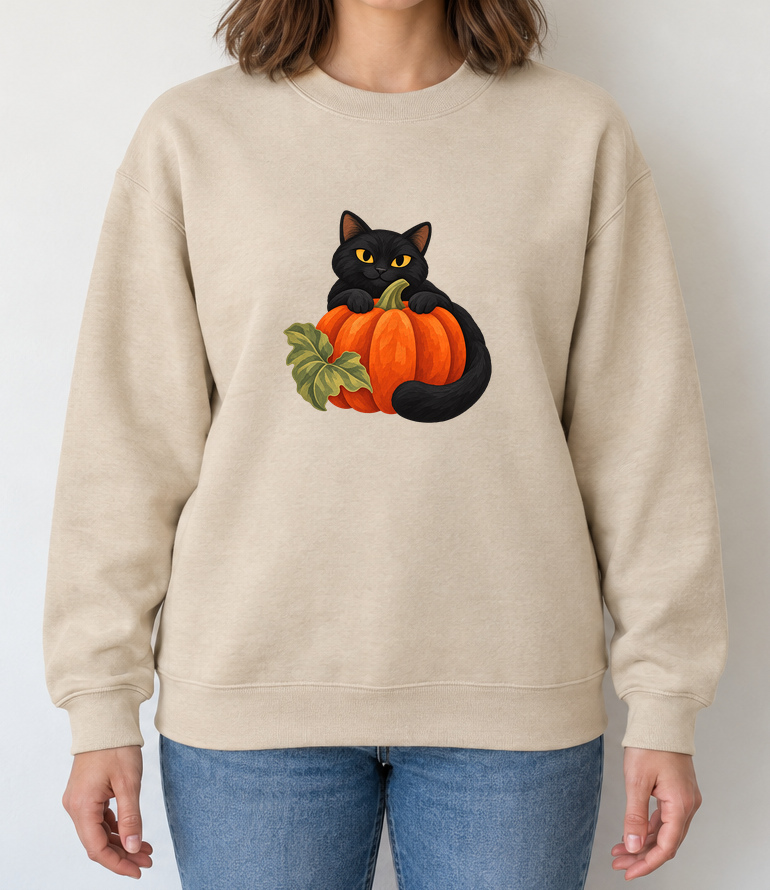 Woman wearing a Sand sweatshirt with a black cat hugging an orange pumpkin, showing the full sleeves and hem.