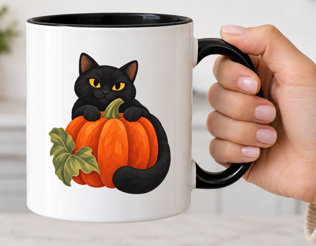 A hand holding a white 11 oz mug with a black handle and interior, featuring a black cat hugging an orange pumpkin.