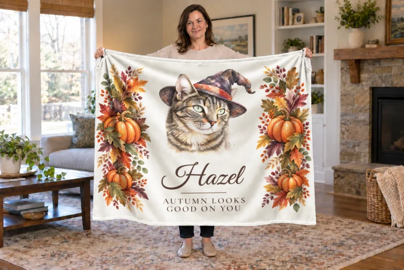 Woman holding Hazel’s cream Halloween cat blanket in an autumn living room, showing her witch-hat portrait, name, and Autumn Looks Good on You.
