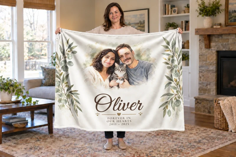 Woman holding Oliver’s memorial blanket, with a family portrait including the silver-and-white tabby, his name, 2011–2025, and Forever in Our Hearts.