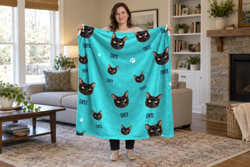 Woman holding a turquoise personalized cat face blanket with larger Onyx portraits, matching names and white paw prints.