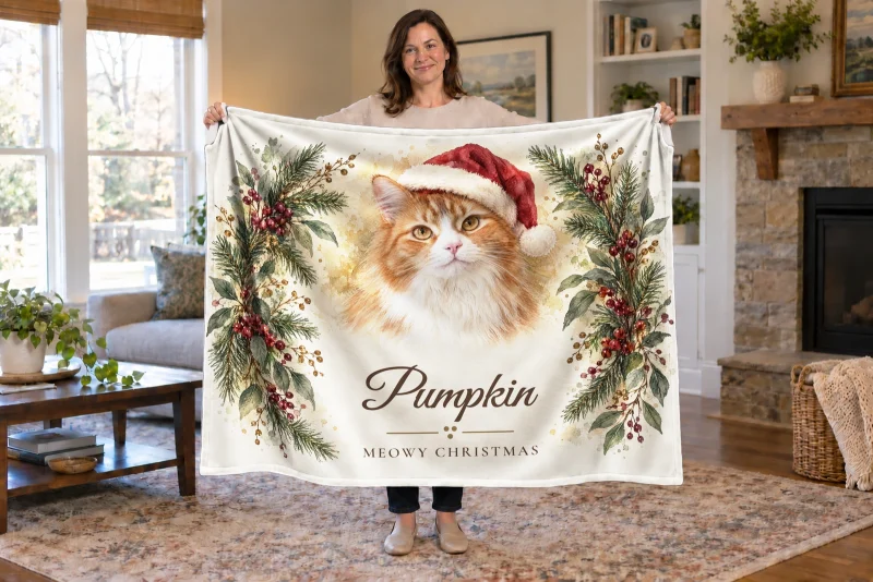 Man holding Pumpkin’s cream Christmas blanket, with a Santa-hat portrait of the orange-and-white, semi-longhaired cat, his name, and Meowy Christmas.
