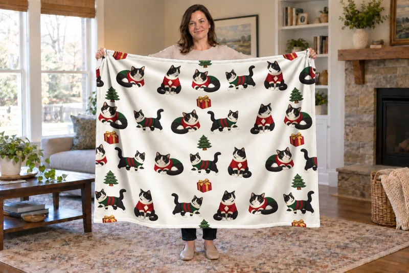 Woman holding an open Sweater Weather Cats blanket with tuxedo cats in red and green sweaters, fir trees, and gifts.