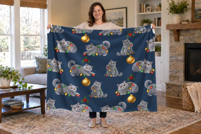 Woman holding an open Tangled in Lights blanket with gray cats, colorful Christmas lights, and gold ornaments on navy.