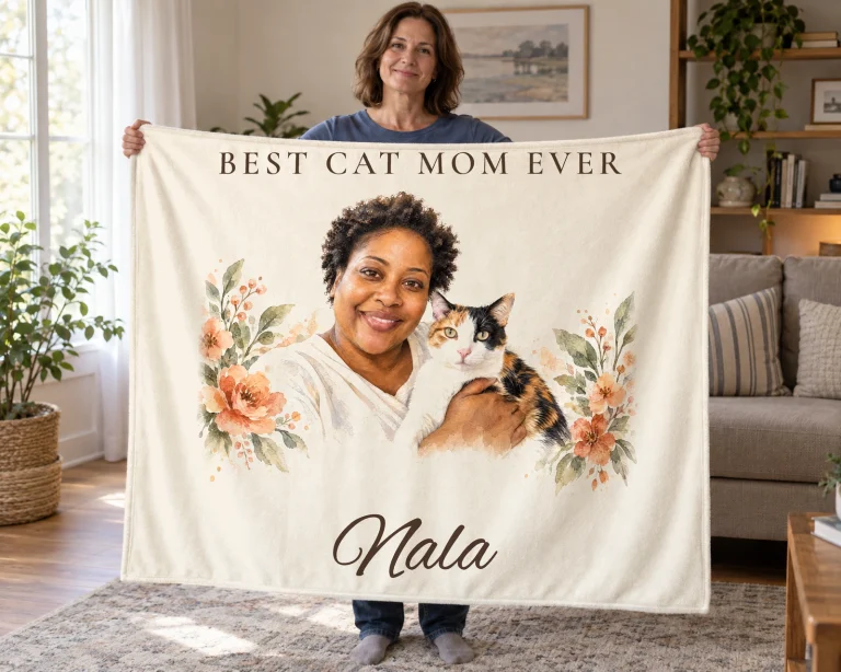 Woman holding a Best Cat Mom Ever blanket with a watercolor portrait of Nala, her calico cat, and herself, with Nala’s name below.