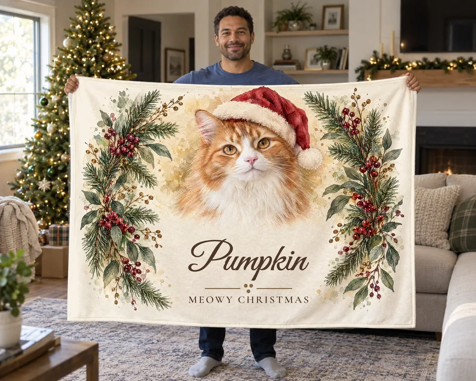 A man holding Pumpkin’s personalized blanket with a Santa-hat portrait and Meowy Christmas design.