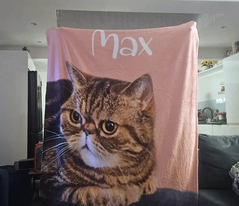 Pink blanket showing a large portrait of Max with his name above it