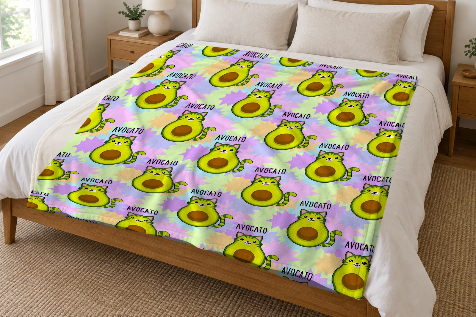 Avocato cat blanket spread on a bed, showing the full edge-to-edge avocado cat and pastel star pattern.