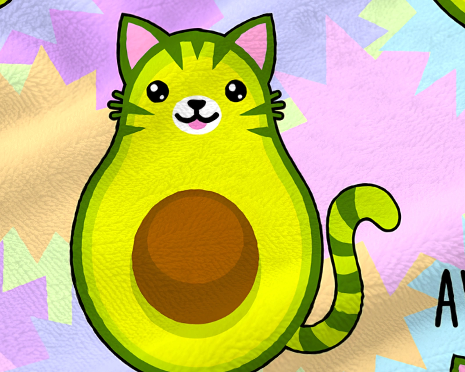 Close-up of the Avocato print on soft short-pile flannel, with a green avocado cat and crisp black outlines.