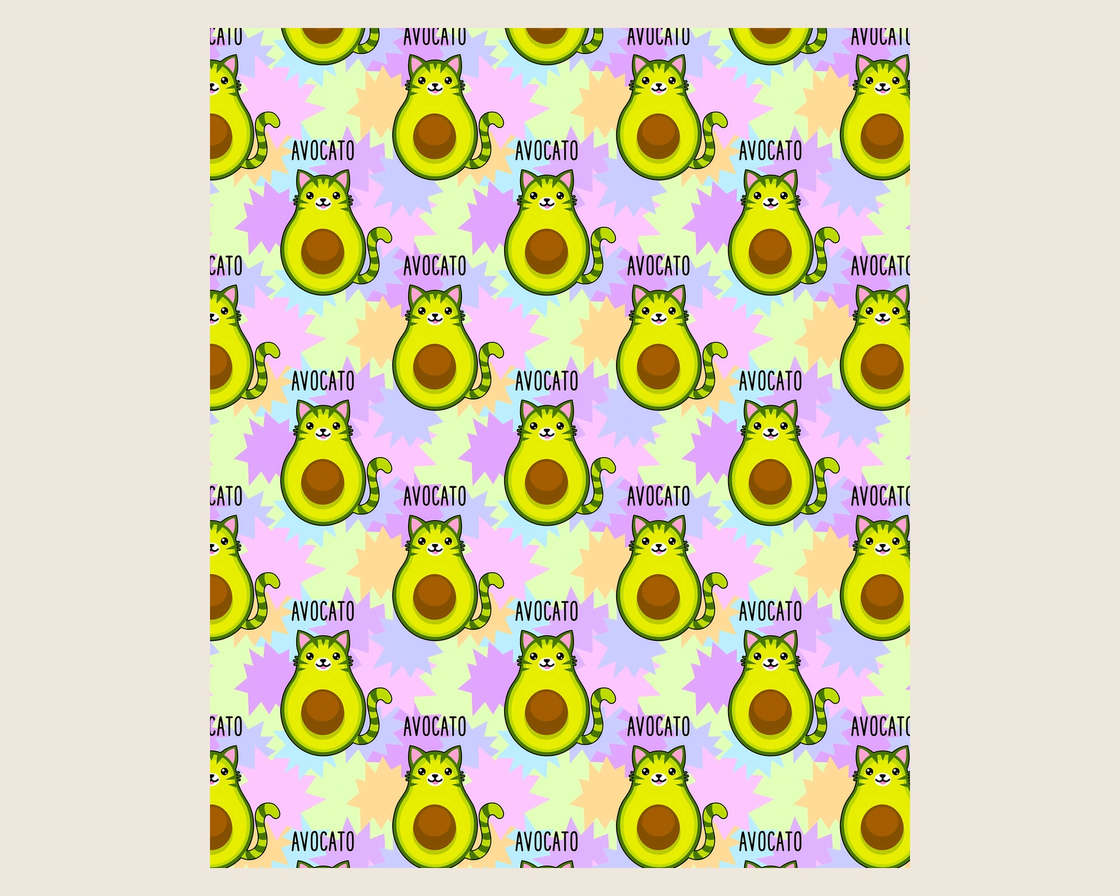 Full flat view of the 50 by 60 inch Avocato blanket artwork with large avocado cats in a seamless 16-inch repeat.