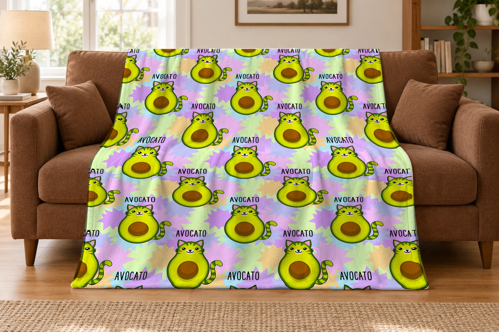 Avocato cat blanket draped over a sofa with the same repeating green avocado cats and pastel star design.