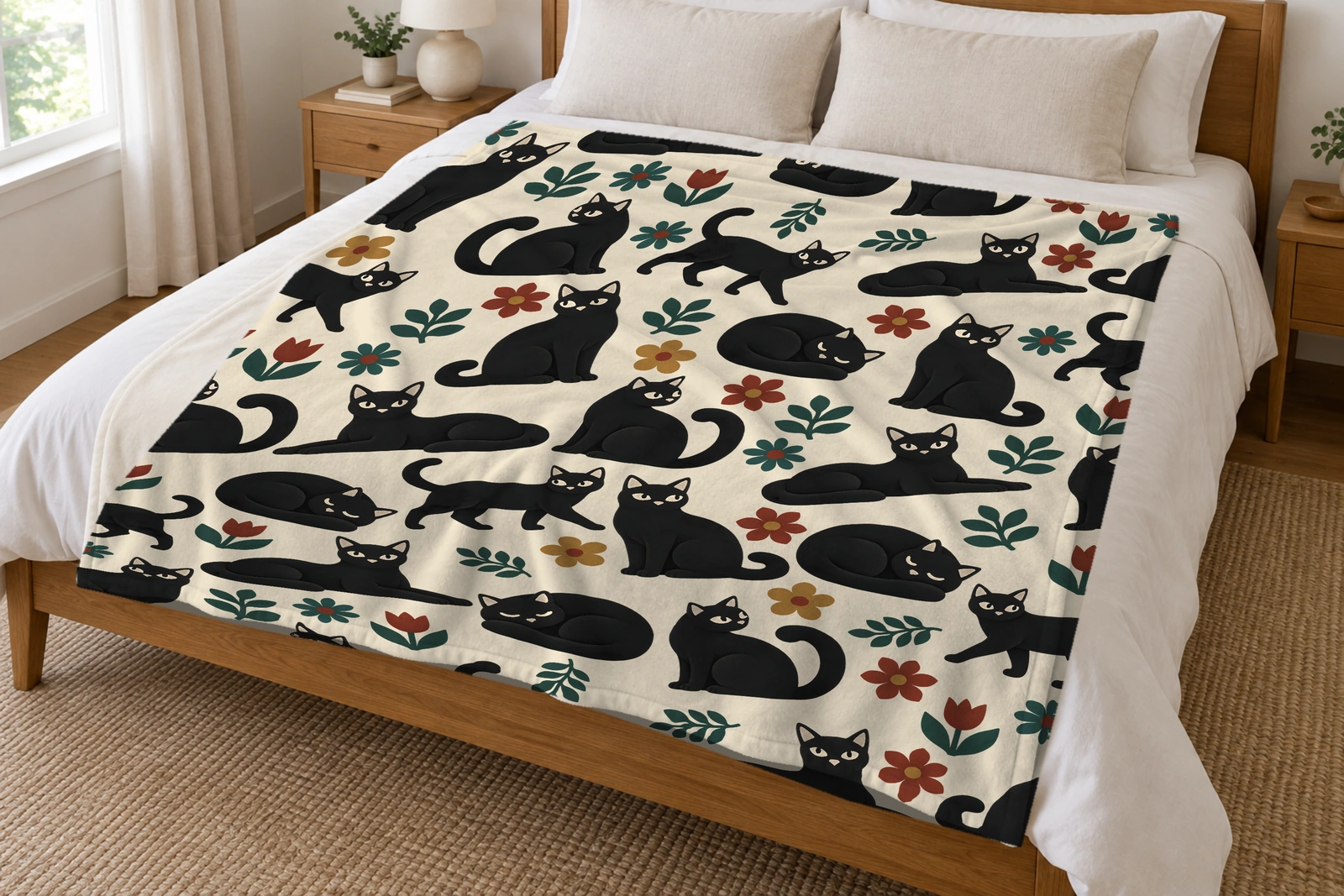Cream blanket with repeating black cats, red and gold flowers, and dark green leaves spread across a bed in a bright neutral bedroom.