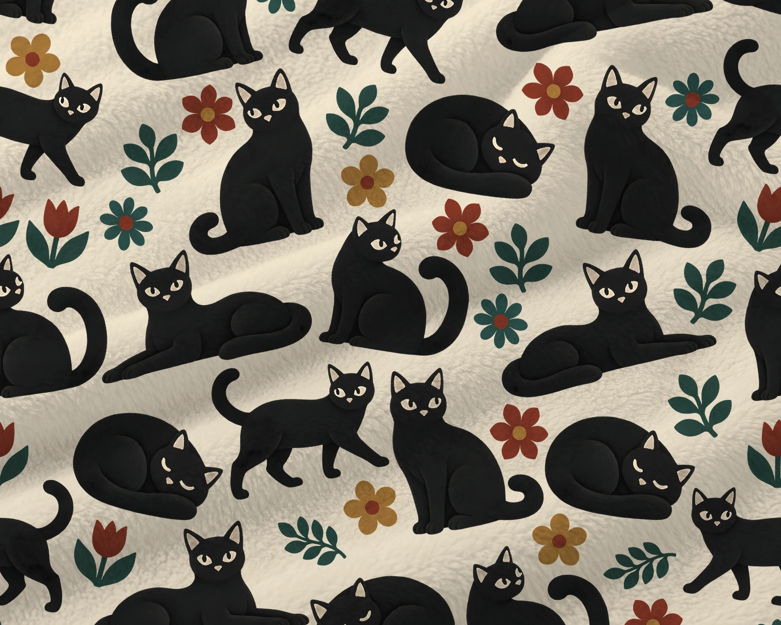 Close-up of the cream blanket with repeating black cats, red and gold flowers, and dark green leaves design on soft flannel fabric.