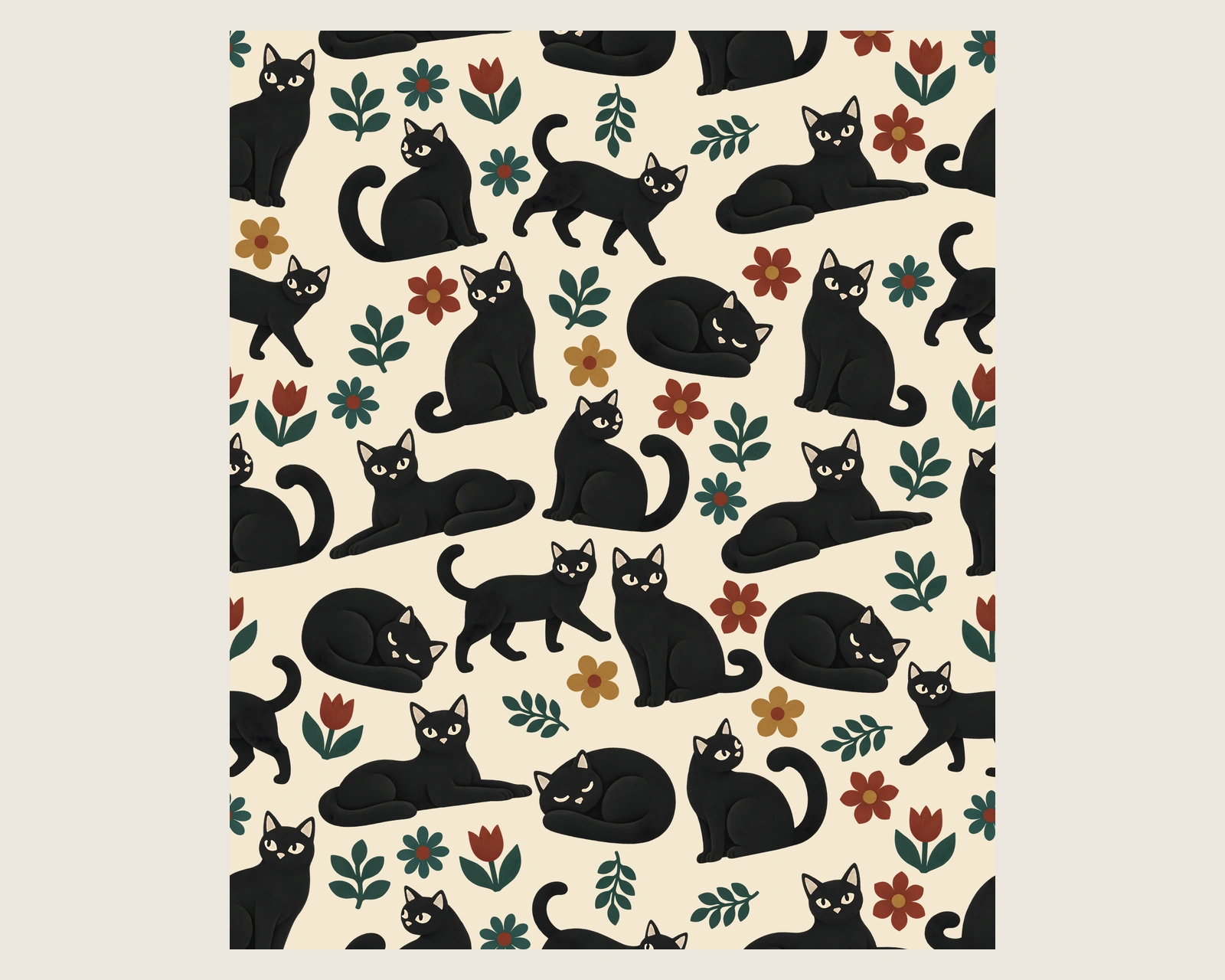 Full flat view of the 50 by 60 inch cream blanket with repeating black cats, red and gold flowers, and dark green leaves.