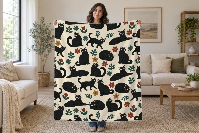 Woman holding open a cream blanket with repeating black cats, red and gold flowers, and dark green leaves in a bright room.