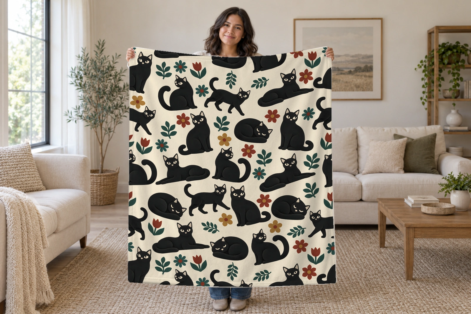 Woman holding open a cream blanket with repeating black cats, red and gold flowers, and dark green leaves in a bright room.