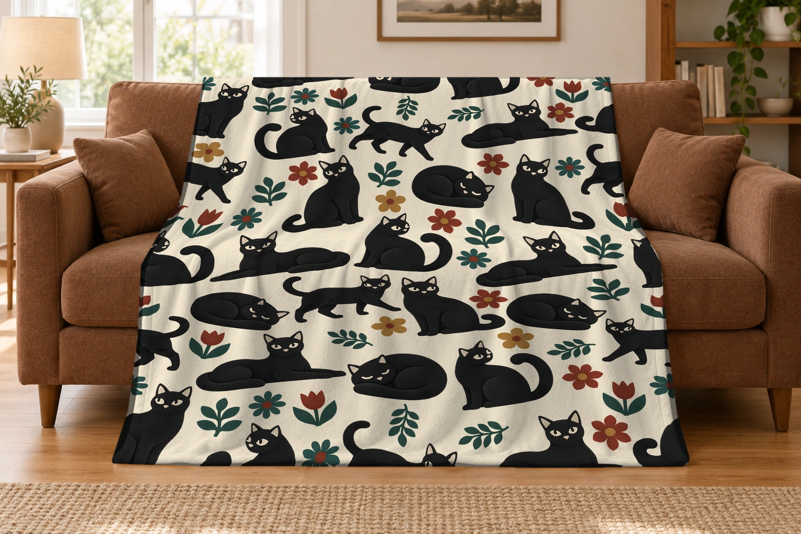 Cream blanket with repeating black cats, red and gold flowers, and dark green leaves draped over a warm brown sofa.