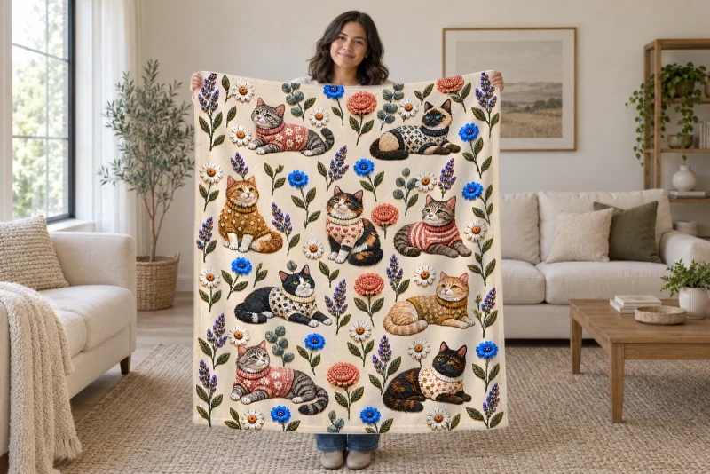 Woman holding open a cream blanket with an embroidery-look print of nine cats in knit sweaters among lavender, daisies, cornflowers and chrysanthemums in a bright room.