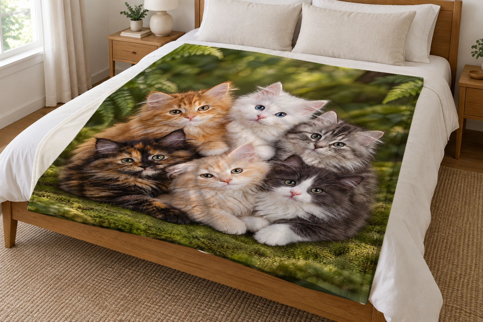 Green blanket with six fluffy kittens on moss among ferns and sunlit woodland trees spread across a bed in a bright neutral bedroom.