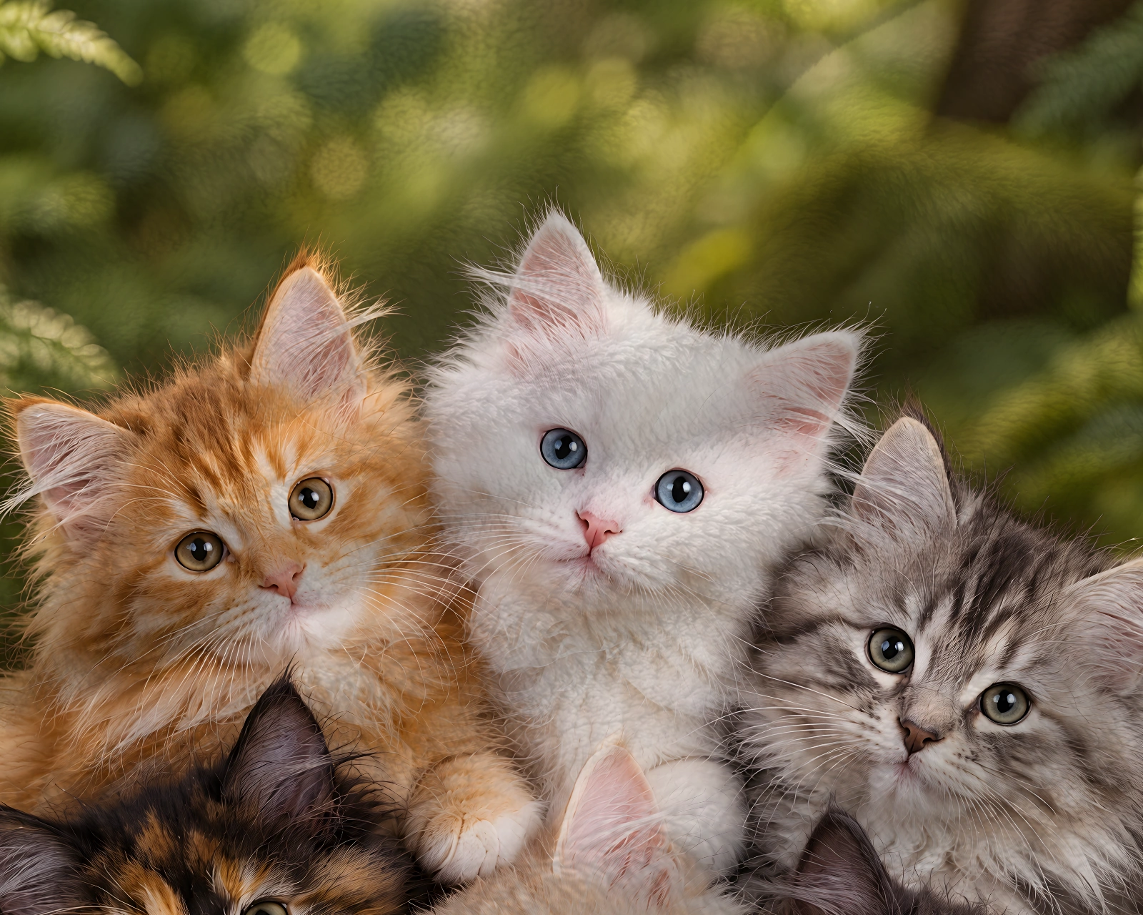 Close-up of the green blanket with six fluffy kittens on moss among ferns and sunlit woodland trees design on soft flannel fabric.