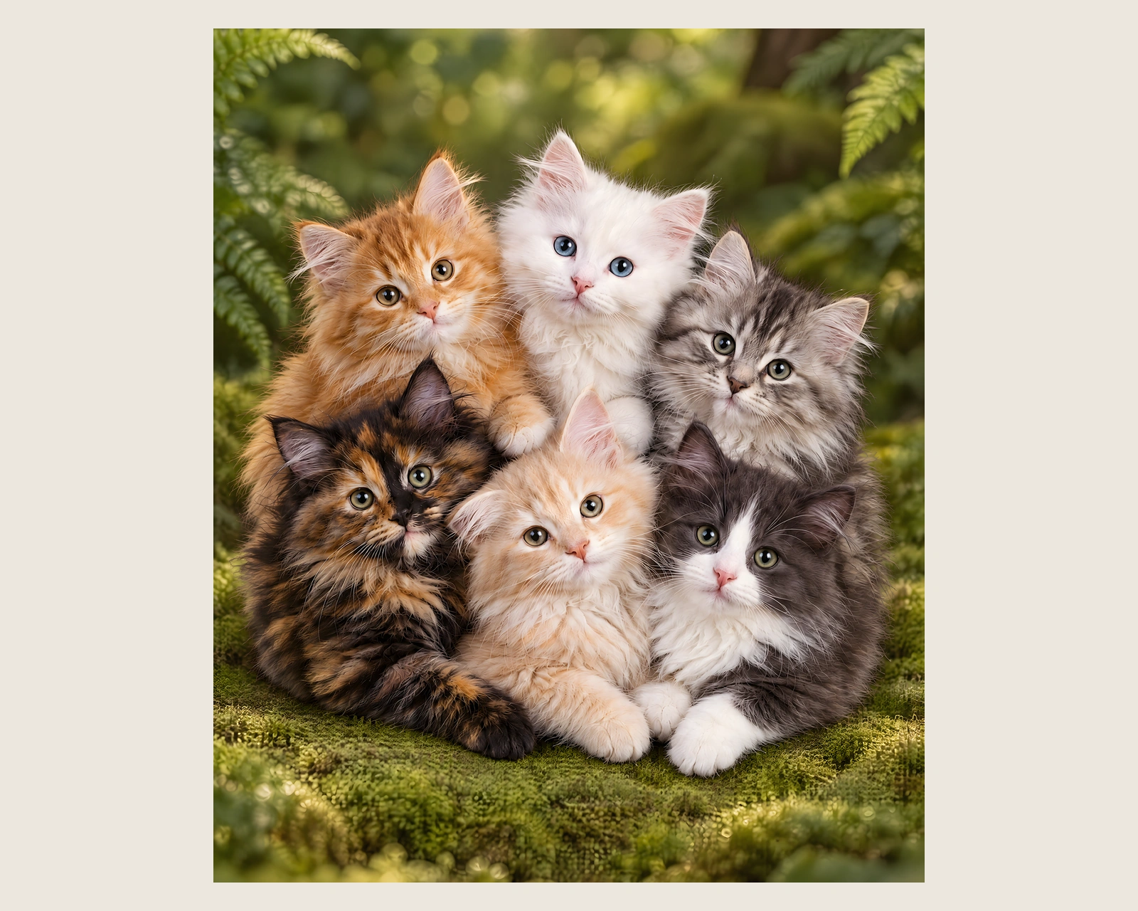 Full flat view of the 50 by 60 inch green blanket with six fluffy kittens on moss among ferns and sunlit woodland trees.