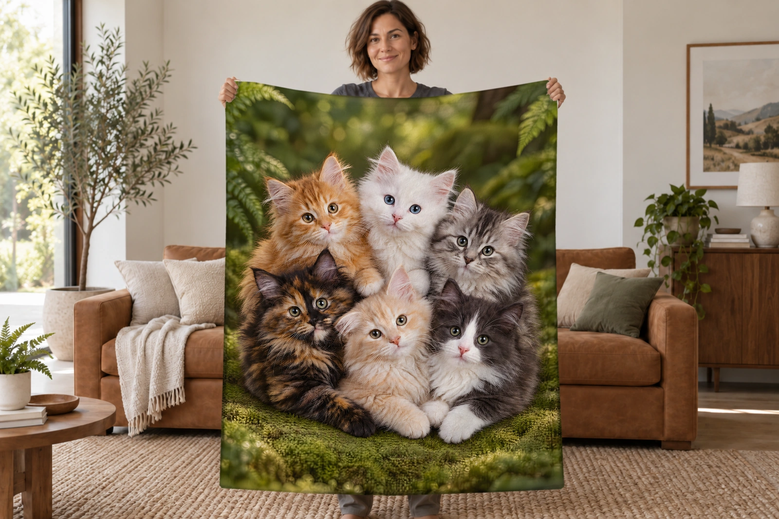 Woman holding open a green blanket with six fluffy kittens on moss among ferns and sunlit woodland trees in a bright room.