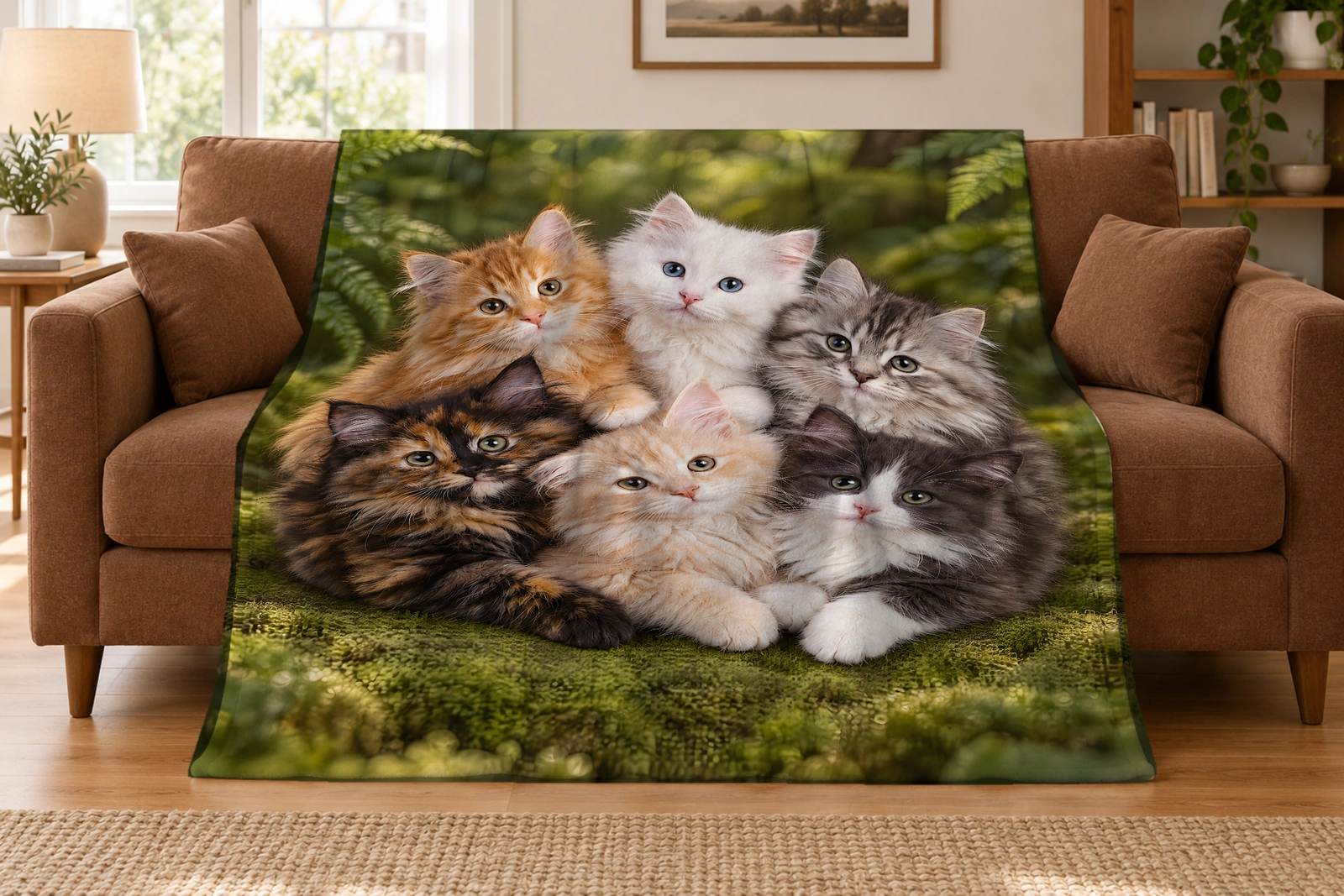 Green blanket with six fluffy kittens on moss among ferns and sunlit woodland trees draped over a warm brown sofa.