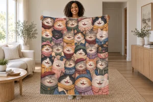 Woman holding open a laughing cat blanket with colorful sweaters, scarves, knit hats, round glasses, and a tiny crown in a bright room.