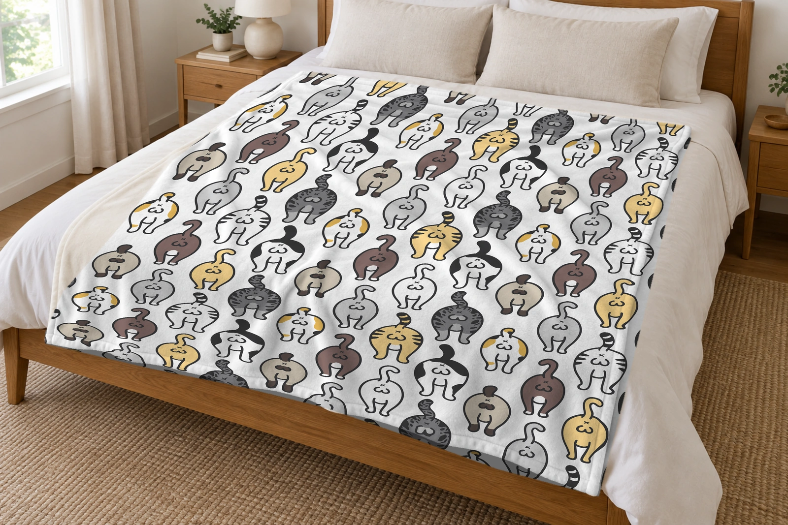 Cat butt pattern flannel throw blanket spread over a bed in a bright neutral bedroom.