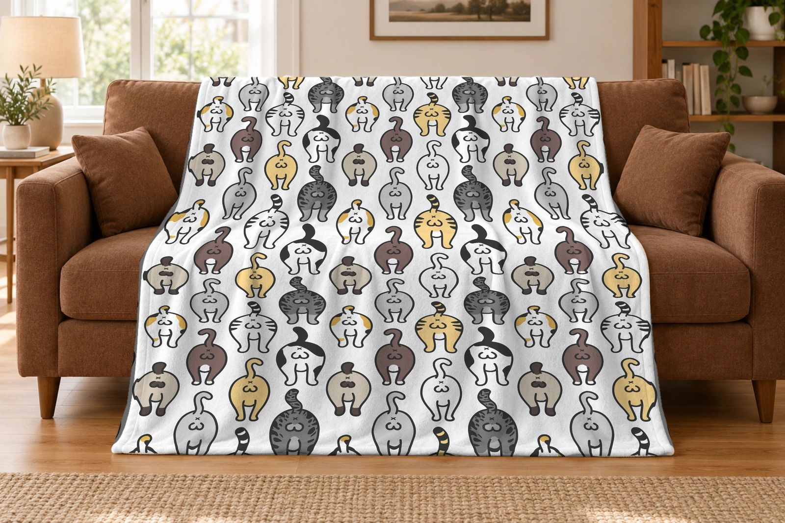 White cat butt pattern blanket draped over a cinnamon brown sofa.