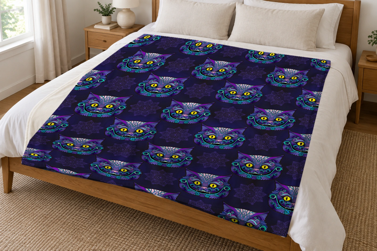 Purple cat flannel throw blanket spread across a bed in a bright neutral bedroom, showing smiling faces and mandalas.
